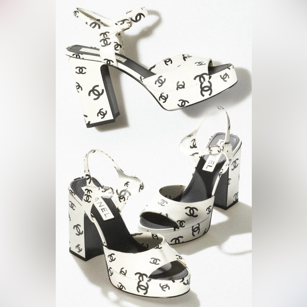 CHANEL Women's Black and White Logo Platform Heels
